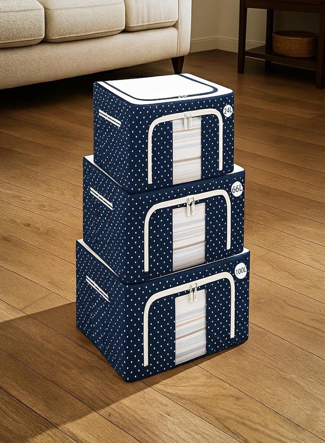 CLAPONE صندوق تخزين ومنظم ملابس قابل للطي بإطار فولاذي من CLAPONE / منظم خزانة ملابس للتخزين / خزانة للساري / القمصان / البطانيات / صندوق تخزين الملابس (أزرق، 66 لتر - عبوة من 2) - Image 3